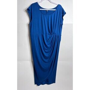 Torrid Shirred Tulip Dress Womens 2X Blue Jersey Knit Faux Wrap Stretch